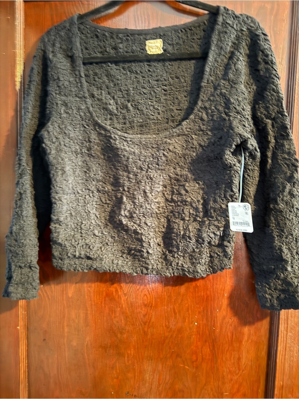 Free People Black Textured Scoop-Neck Cropped Top